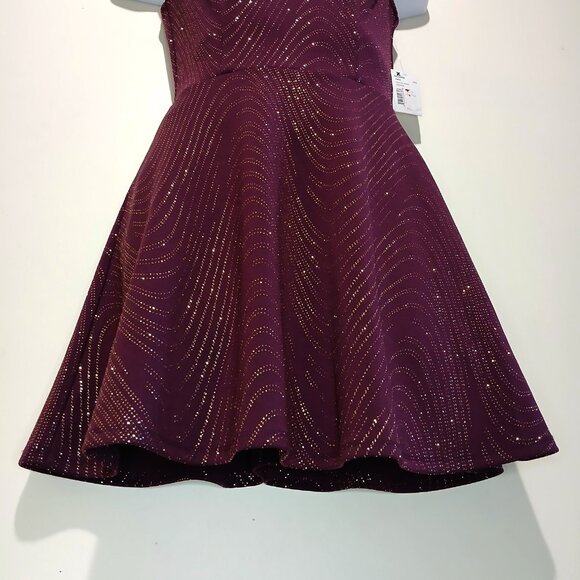 Bailey Blue Plum & Gold Sparkle A-Line Deep Back V-Neck Mini Skater Dress Size M - Picture 3 of 14